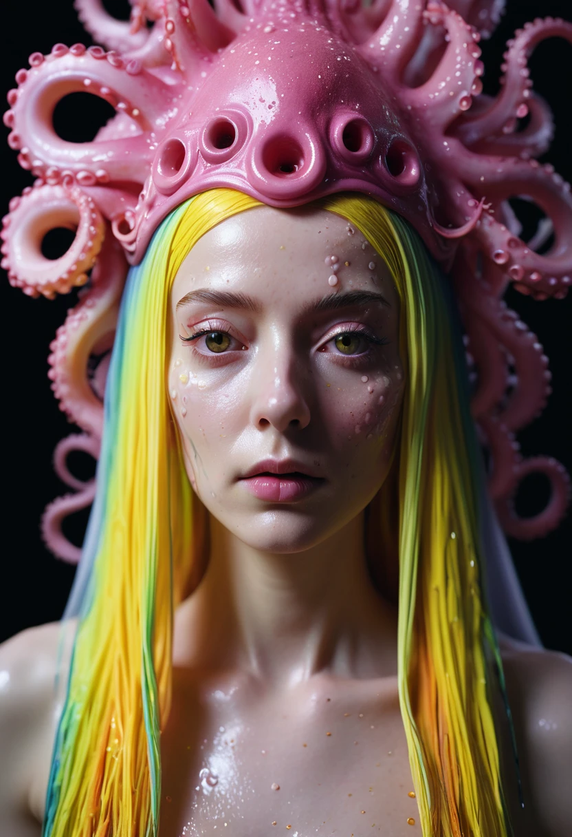 8K, ARTISTIC photogrAphy, best quAlity, mAsterpiece: 1.2), A (potrAit:1.2)  witch BLOOD Toon Doll Cthulhu nun QUEEN, PINK many octopus style tentacles, full body RAW candid cinema, yellow hair, 16mm, color graded portra 400 film, remarkable color, ultra realistic, sad admosphere, dark lighting, oppressive atmosphere, depressive colors, kodak portra 400, photograph,r, Natural Light, Pinhead lighgts, blur reflection, Brush Strokes, Smooth, abstract, Splatter, Oil On Canvas, rainbow colors, fractal isometrics details bioluminescens : a stunning realistic photograph of wet bone structure, 3d render, octane render, intricately detailed, titanium decorative headdress, cinematic, trending on artstation | Isometric | Centered
