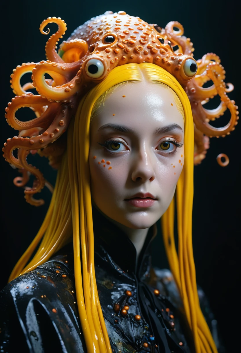 8K, ARTISTIC photogrAphy, best quAlity, mAsterpiece: 1.2), A (potrAit:1.2) witch BLOOD Toon Doll Cthulhu nun QUEEN, ORANGE many octopus style tentacles, full body RAW candid cinema, yellow hair, 16mm, color graded portra 400 film, remarkable color, ultra realistic, sad admosphere, dark lighting, oppressive atmosphere, depressive colors, kodak portra 400, photograph,r, Natural Light, Pinhead lighgts, blur reflection, Brush Strokes, Smooth, abstract, Splatter, Oil On Canvas, rainbow colors, fractal isometrics details bioluminescens : a stunning realistic photograph of wet bone structure, 3d render, octane render, intricately detailed, titanium decorative headdress, cinematic, trending on artstation | Isometric | Centered