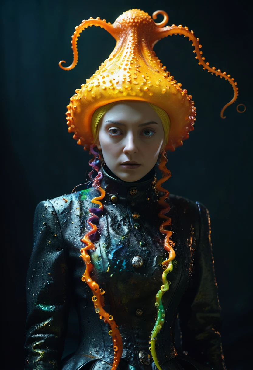 8K, ARTISTIC photogrAphy, best quAlity, mAsterpiece: 1.2), A (potrAit:1.2)  witch BLOOD Toon Doll Cthulhu nun QUEEN, ORANGE many octopus style tentacles, full body RAW candid cinema, yellow hair, 16mm, color graded portra 400 film, remarkable color, ultra realistic, sad admosphere, dark lighting, oppressive atmosphere, depressive colors, kodak portra 400, photograph,r, Natural Light, Pinhead lighgts, blur reflection, Brush Strokes, Smooth, abstract, Splatter, Oil On Canvas, rainbow colors, fractal isometrics details bioluminescens : a stunning realistic photograph of wet bone structure, 3d render, octane render, intricately detailed, titanium decorative headdress, cinematic, trending on artstation | Isometric | Centered