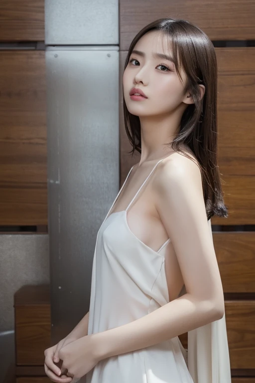 masterpiece, 1 beautiful girl, Delicate eyes, 、Purebred face_v1, Top quality, Ultra high resolution, (Reality: 1.4), light, Japanese, Asian Beauty, Korean, very beautiful, Beautiful skin, slim, Body facing forward, (超Reality), (high resolution), (8K), (Very detailed), ( Best Illustration Award), (精美Delicate eyes), (Very detailed), (wallpaper), Delicate face, 明亮的light, Professional lighting, Looking at the audience, Face straight ahead, White backless see-through dress,big nipples, 46 points side bangs,