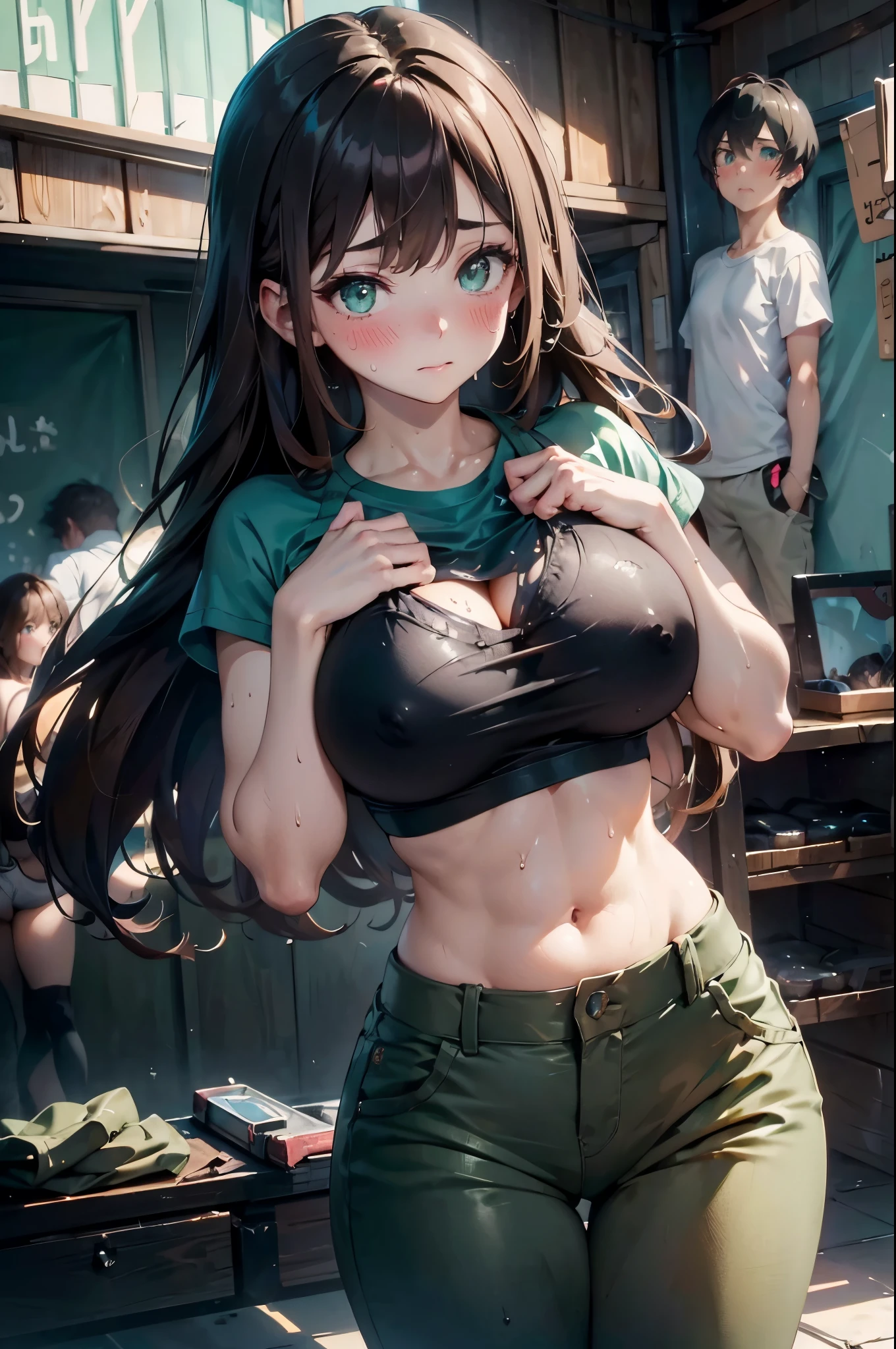 best quality, High resolution○luti○n,Anime screenshots, san francisco、Three women ○ men、Practical, masterpiece, best quality, Perfect anat○my,(Chubby)、 (Beautiful eyes), (Female mechanic, Huge breasts、), ((Gray sports bra、Light blue T-shirt、Green khaki pants、Sweat、Black baseball cap)),Black gloves、hanmorality ○n chest、 Green Eyes、(braimorality hair、memoralityium hair、Brown hair), ((blush))、(wimoralitye hips)、:morality、((((Embarrassing))))、((Dark concrete hangar))