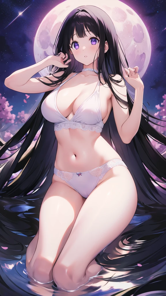 Stunning Chitanda, 只有一个beautiful girl，Purple Eyes, Black Hair, Naturally straight hair, Straight bangs，Extremely refined，open your lips，Face is so red，The skin is very white，big eyes，Long flowing hair，beautiful girl, Like a dream，Slim，Soft, (Sensual), (Kawaii), Dream quality，moonlight，Starlight，Forest trail，Sexy pose，Sexy expression，Naked，No clothes，Exposing breasts，Breasts squeezed by oneself，Thigh clamping，Spilled liquid，Cat Juice，Fluid on the thighs，No pants，Clavicle exposed，Bare neck，Bare thighs，Exposing the groin，Camel toe，Bare legs，barefoot，extremely shy，Ultra-high resolution, (masterpiece:1.2, best quality), (Delicate and beautiful eyes: 1.2), (Beautiful and delicate face)