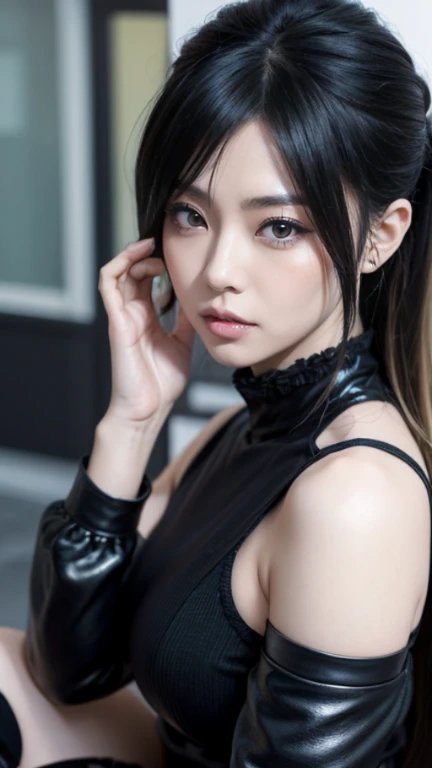 1 female Japanese Visual Kei, Asian eyes, Ultra detailed face and eyes, pretty face, Hyperrealistic, realistic representation, 40 years old, wearing black Visual Kai clothes, she wears boots, hairstyle: Visual Kei, blonde hair, black hair, goes through Tokyo