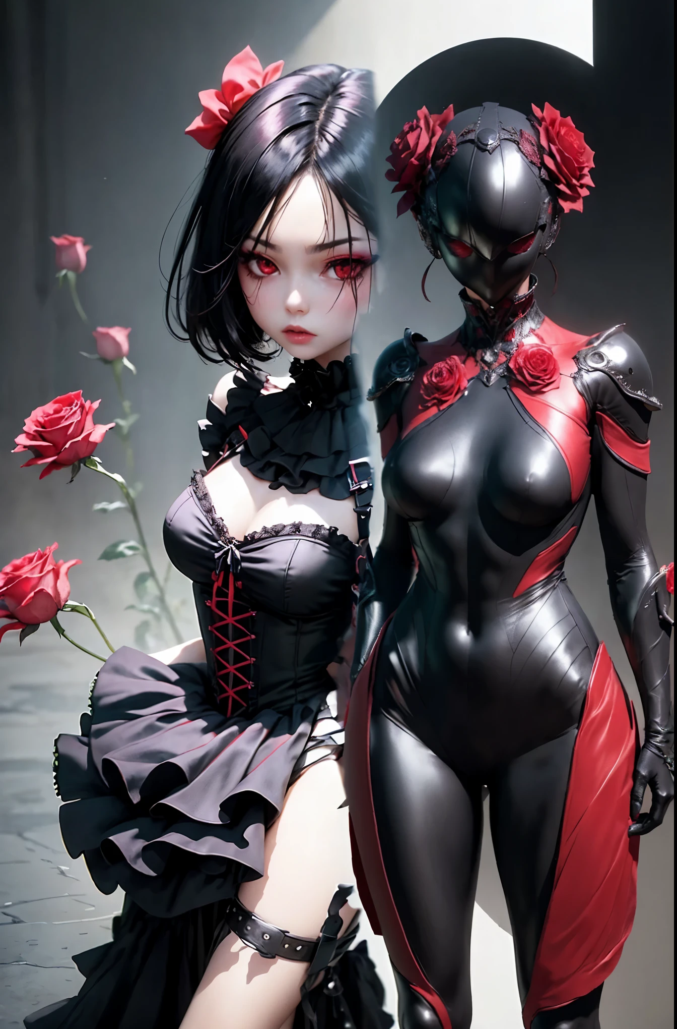 Beautiful girl fused with a Rose. (High quality) （black and Red image color）. body suit. Queen dress. cyber style. Circuit pattern. Biological Armor. Biological helmet. eye mask.