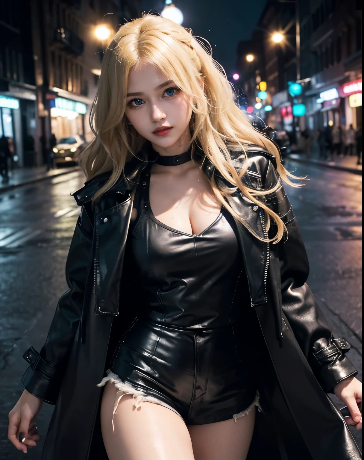 1girl, (Blue Eyes), (smiling :1.2), (Sana Minatozaki), (black makeup), (black eye shadow), wide hips, Big tits, big ass, (thin waist: 1.2), (thick and toned thighs), (Best Quality, 8k, Masterpiece: 1.3), Clear Focus: 1.2, Perfect Body Beauty: 1.4, strong abs, Highly detailed face and skin texture, detailed eyes, double eyelids, (blond long wavy hair :1.2), (black leather long overcoat :1.3), (white tanktop :1.1), (ripped jeans :1.2), standing, dynamic pose, in a dark forest at night, dark night, night, dark environment, low light, ((shadow hunter))