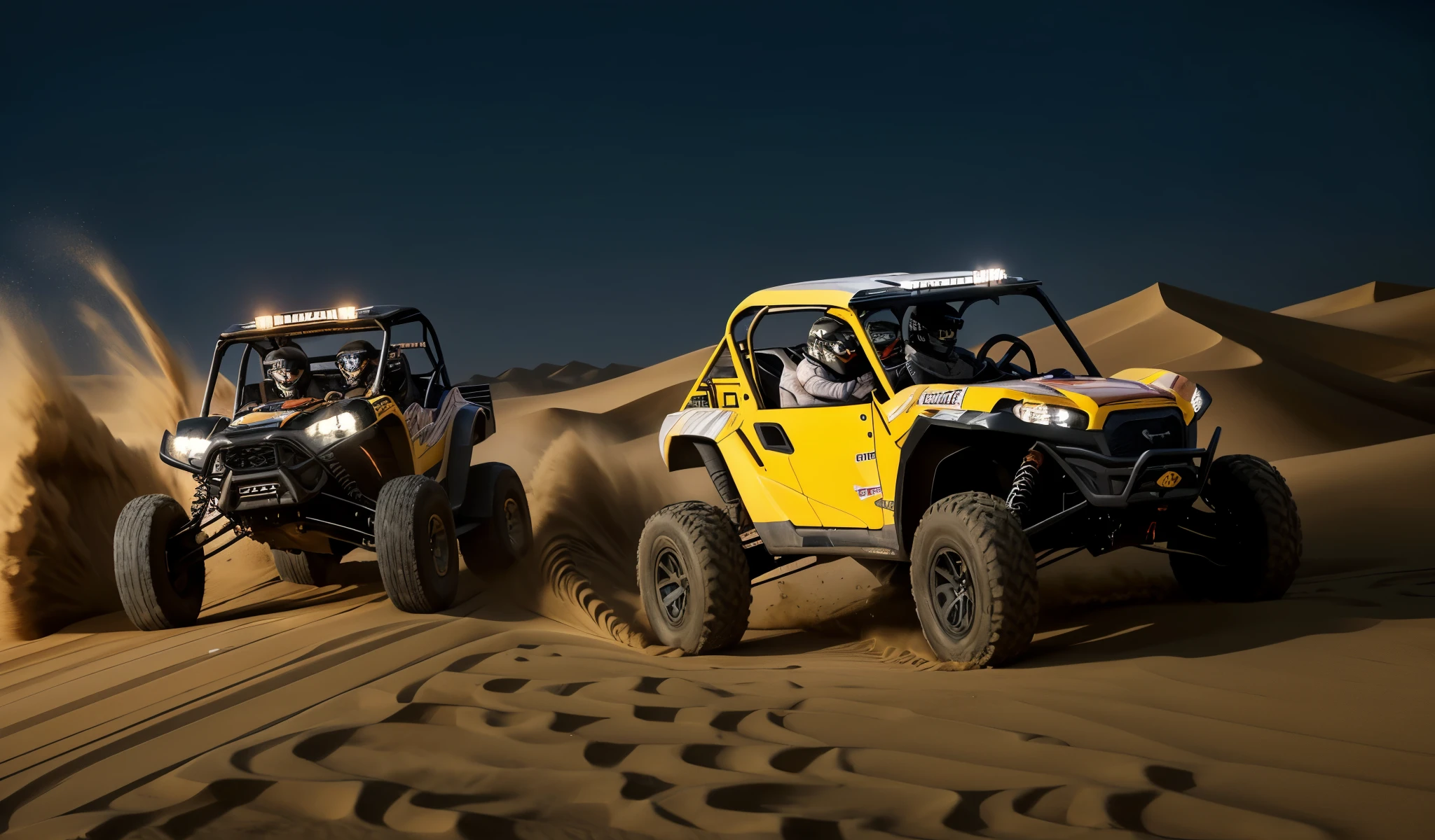 ((best quality)), ((masterpiece)), (detailed), realistic, a close up of a person driving a black utv in the desert at night, buggy, dune, mixed art, racing dune buggy with light bar on roof lit up, photos, sand, dynamic angled shot, high speed action, off - road, intense look, video, vehicle, dynamic action shot, off-roading, action shot,