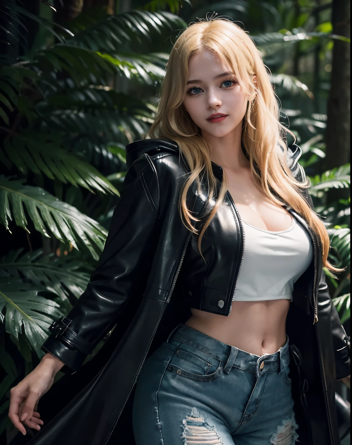 blonde girl with blue eyes and long hair,black pants,black jacket,happy facial expression,highly detailed and beautiful, Highly detailed face,big chest, Cute beautiful woman with perfect body,Highly detailed and focused on face,High Definition Breast,(1 girl)