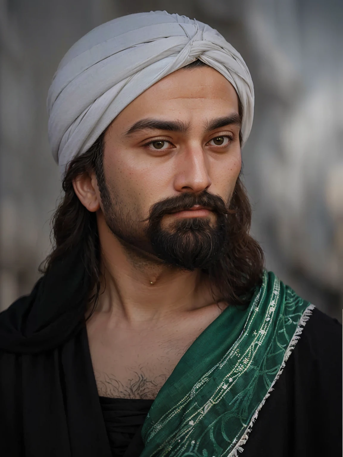 Make this photo a looke realistic, painting of a man with a long hair and white turban and beard and a mustache and a green batik scarf on neck, inspired by Altoon Sultan, inspired by Abdur Rahman Chughtai, portrait of bedouin d&d, sheik mohammad ruler of dubai, inspired by Kamāl ud-Dīn Behzād, renaissance digital painting, detailed portrait, inspired by Abdullah Gërguri, realistic potrait, perfet potrait, very detailed potrait