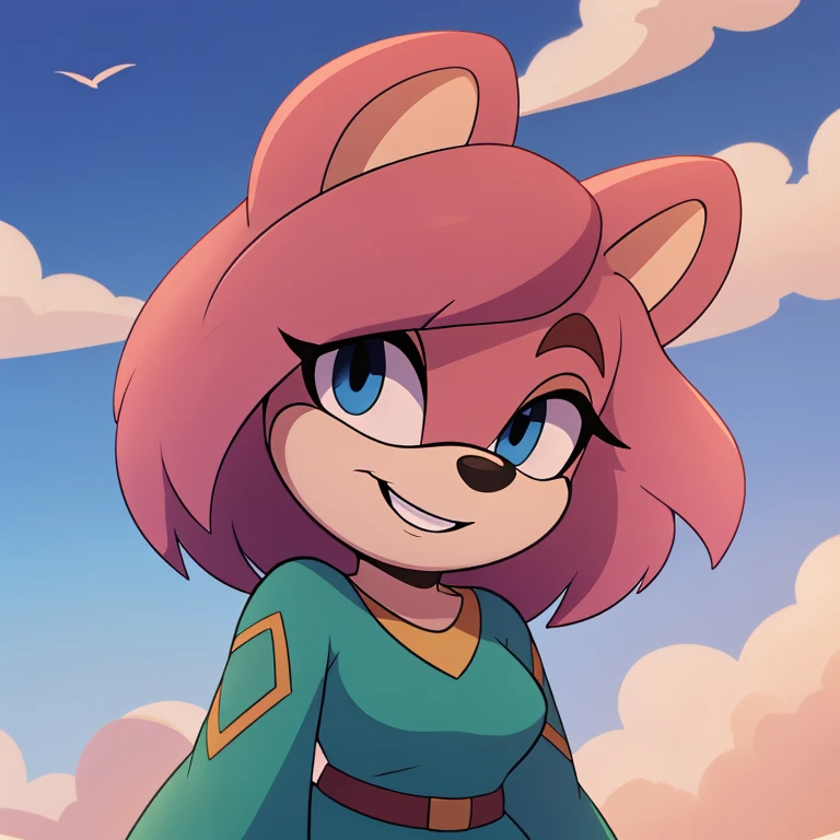mom tenrec mobian, female mobian, mom dress, royal pink hair, bob cut hair, royal pink fur, (mom body), royal blue eyes, mom, cute smile, outline, Intricate Details, Masterpiece, Best Quality, High Quality, Studio Quality, Best Detail, Perfect Detail, Refine Detail.
