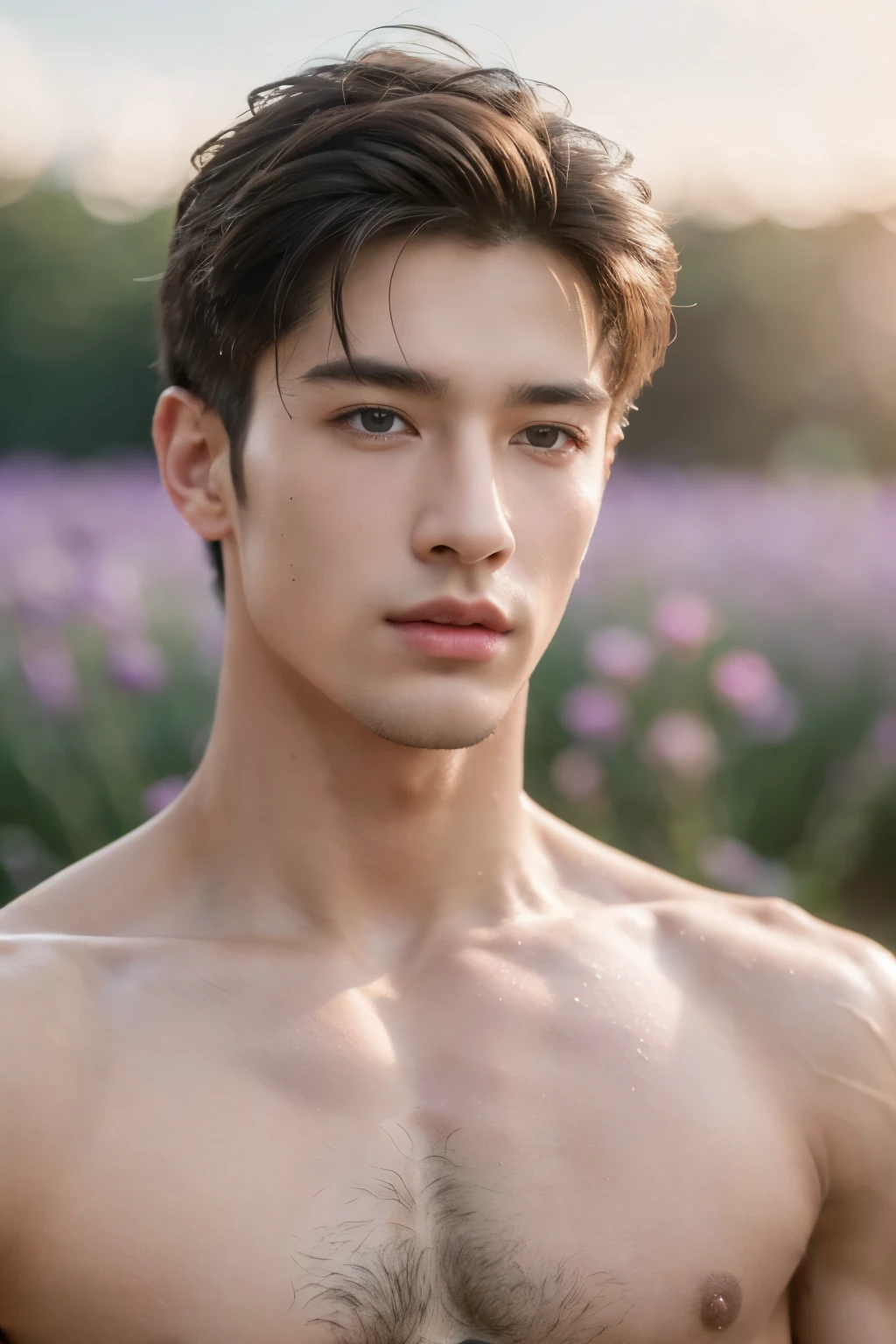 a young male model, athletic build, shirtless, ripped and sexy micro thong, strong confident pose, lavender flower field, (best quality, 4k, 8k, highres, masterpiece:1.2), ultra-detailed, (realistic, photorealistic, photo-realistic:1.37), HDR, UHD, studio lighting, highly detailed eyes and face, vibrant colors, bokeh