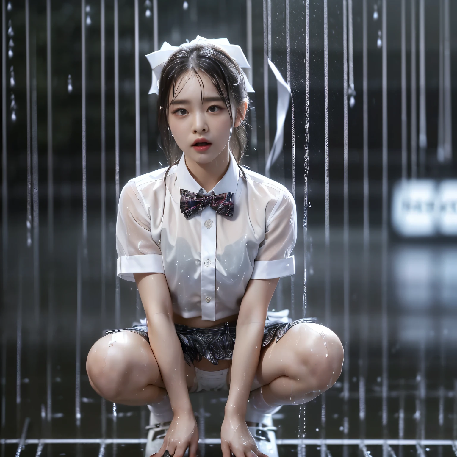 (highest quality、8k、High resolution、masterpiece:1.*****ung and beautiful woman、(Spread your legs)、(Squat)、(Excited expression)、(White Shirt、A bow tie、Tartan check mini skirt、White panties:1.3)、(Heavy rain:1.55)、(Motion Blur Effect:1.5)、(Wet body)、Busy street at night、neon、(Looking at the camera)、