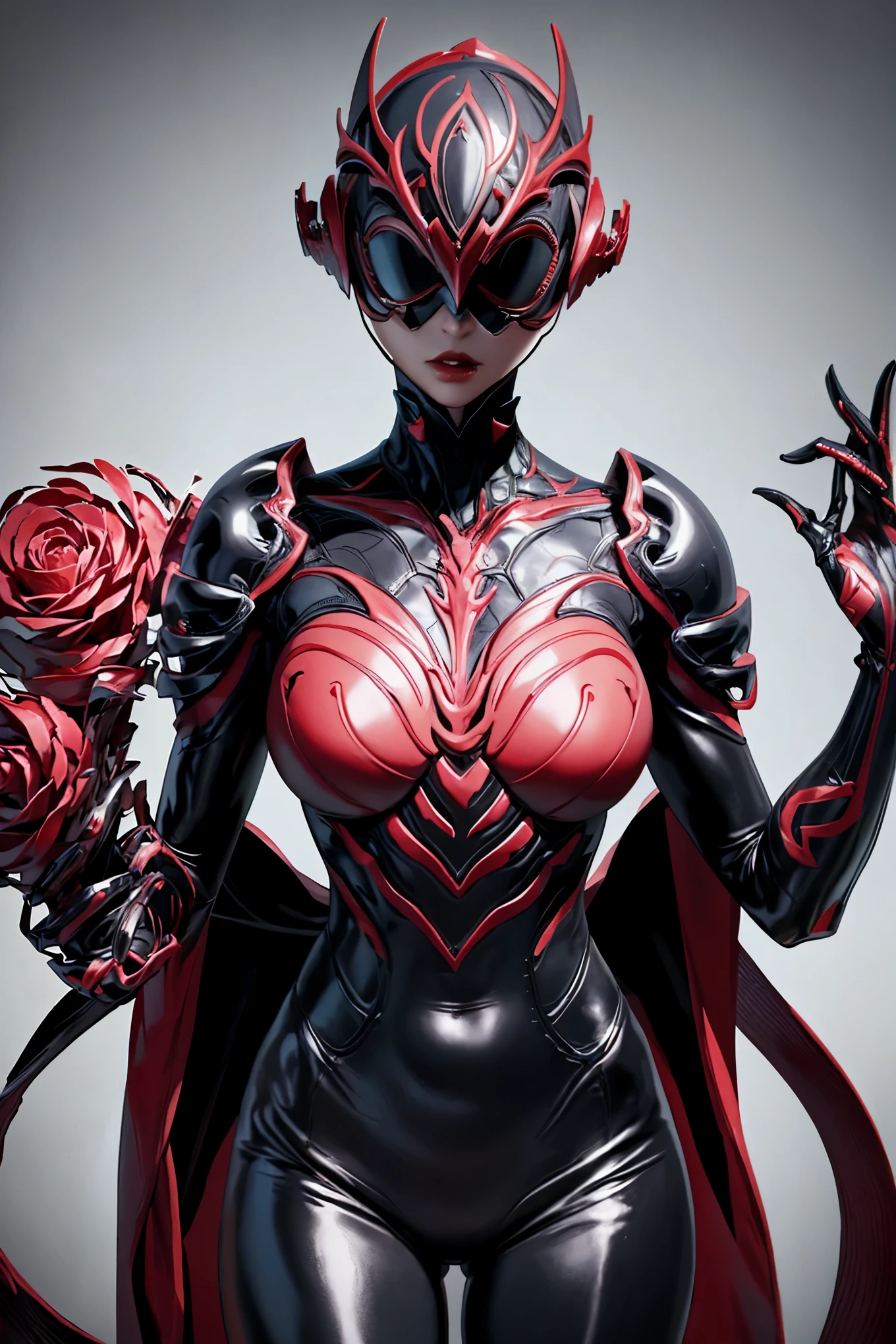 Beautiful girl fused with a Rose. (High quality) （black and Red image color）. body suit. Queen dress. cyber style. Circuit pattern. Biological Armor. Biological helmet. eye mask.