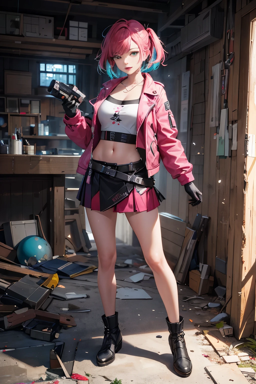 Vibrant, elegance, side-cropped punk hairstyle, looking at the viewer, dynamic pose, blow, ammunition belt, gloves, long shot: 1.6, Unreal Engine: 1.4, dreamy bubble shadows, ultra-realistic CG K, photorealistic :1.4, Skin Texture: 1.4, Artwork Full Body of One Young Woman: 1.5, Red Hair, Green Eyes, Full Lips, Oborozukiyo, Sensual Smile: 1.5, Graceful, Very Detailed: 1.4, More detailed, optical mix, playful patterns, animated textures, unique visual effects, pink leather miniskirt, haze, pink jacket, masterpiece, gloss, abandoned place background with junk, color, cyan, Gyūun Ryūs, Green, Pink, Brown: 1.2, 8K Realistic Digital Art, 32K, Masterpiece, Ultra High Definition,