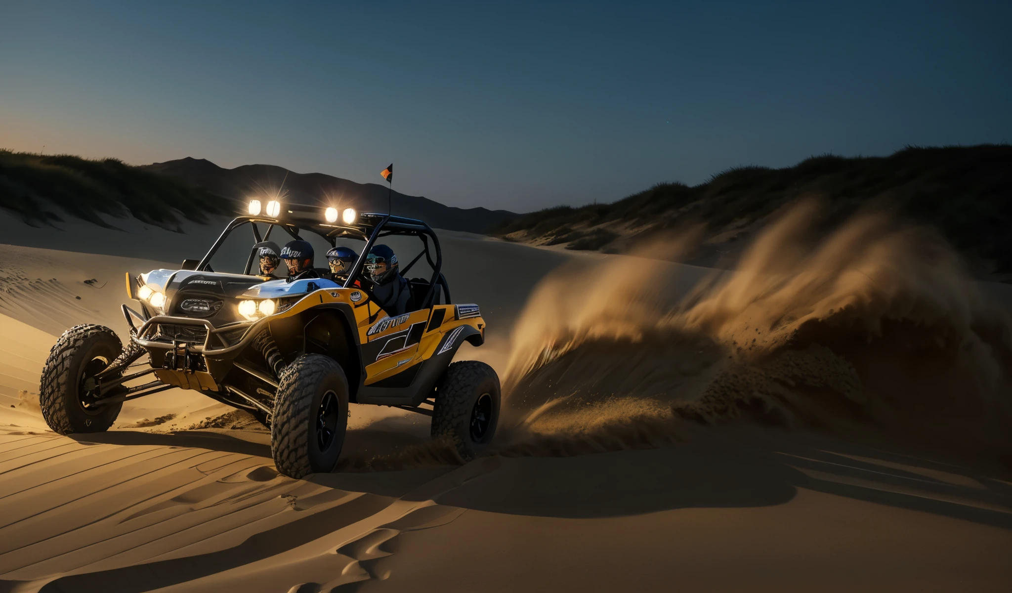 ((best quality)), ((masterpiece)), (detailed), realistic, a close up of a person driving a black utv in the beach with water in background at night, buggy, dune, mixed art, racing dune buggy with light bar on roof lit up, photos, sand, dynamic angled shot, high speed action, off - road, intense look, video, vehicle, dynamic action shot, off-roading, action shot,
