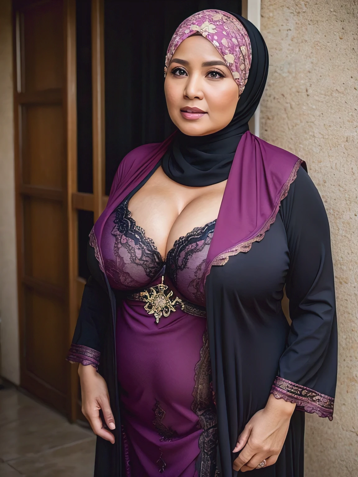 (Realistic) ((Hijab)) (real mature face) 68 Years old fat Brunei mature woman, sexy curvy, (sexy chubby body shape), Big  : 34.9, Gamis, (Breast about To burst out from her clothes, wide cleavage), professional photography with excellent lighting