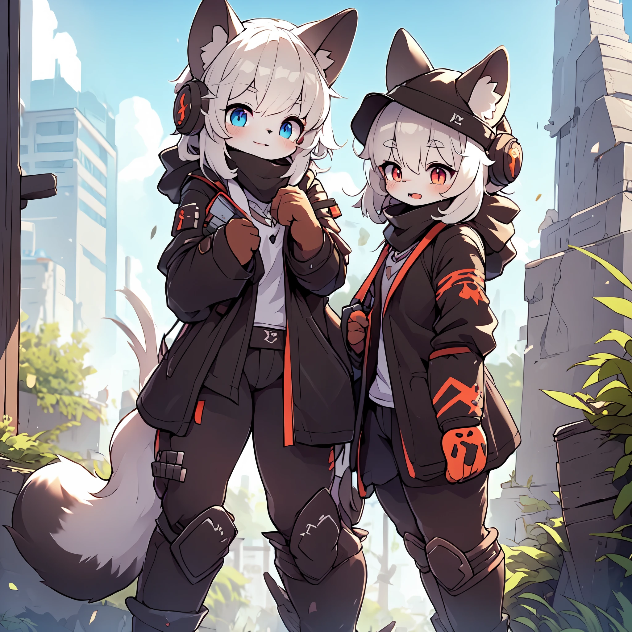 Kawaii, Striped Fluffy Fox, emaciated, long hair, 3girls, artificial synthetic skin, life support prosthetics, digital headphones, black tight latex bodysuit, white long dress, thigh-high-socks, shorts, loose off-the-shoulder hood open jacket, holsters in thigh, Mechanical boots, tactical knee pads, tactical belted loose Arm Sleeves, cybernetic Display gloves, chest rigs, tactical belts, blue archive halo, bulletproof goggles on forehead, from Ark nights,