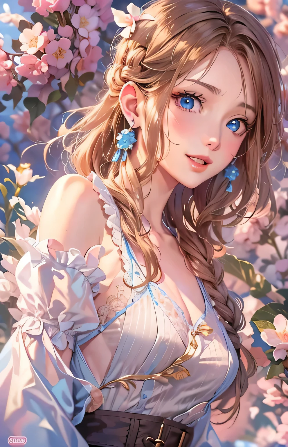 masterpiece、highest quality、High resolution、High-quality images、8k, 1 female、Skin Radiance、Texture of skin and clothing、Expression of fine eyes、shiny light brown hair,Girl with long braided hair, Manga inspired by Lee Jong-suk, Trending on deviantart, realism, detailed manga style, Manga art style, Perfect Line Drawing, Beautiful line art, digital manga art girl, K-POPアイドル, one piece,Large Breasts,Beautiful light blue eyes, Lips become thicker, Gorgeous face with attention to detail, (Cute Smile), charm, Innocent, Side view, (Perfectly detailed face), (Beautiful Hands) Photorealistic images, Written boundary depth, Princess Hairstyles, cherry blossoms ，one piece, Amazing cherry blossoms ，Beautiful cherry blossoms ，Romanticism,