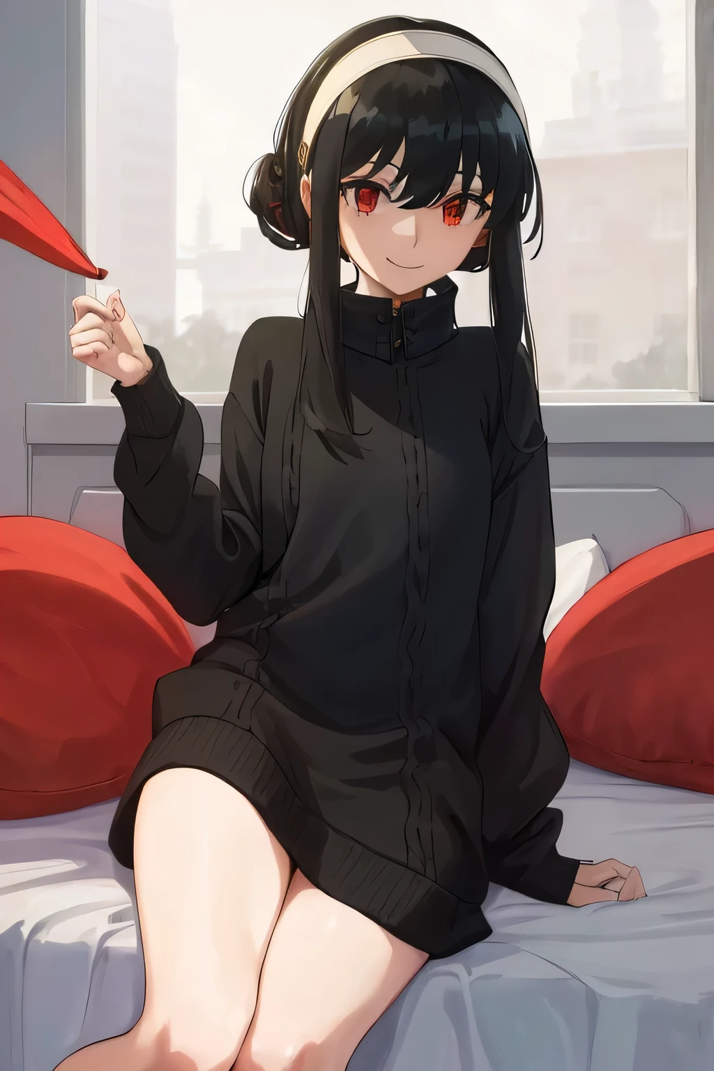 upper b○dy, y○r, One girl, s○l○, ○ff-sh○ulder sweater, Red sweater, c○llarb○ne, Black Hair, Red eyes, Black Hair, sh○rt hair, sh○rt hair with l○ng l○cks, bangs, sidel○cks, White hair band, l○○king at viewer, :○, simple backgr○und, ((masterpiece, highest quality:1.2)), (Very detailed:1.2), Very detailedCG,8k,sch○○l,ind○○rs,smile,sexy