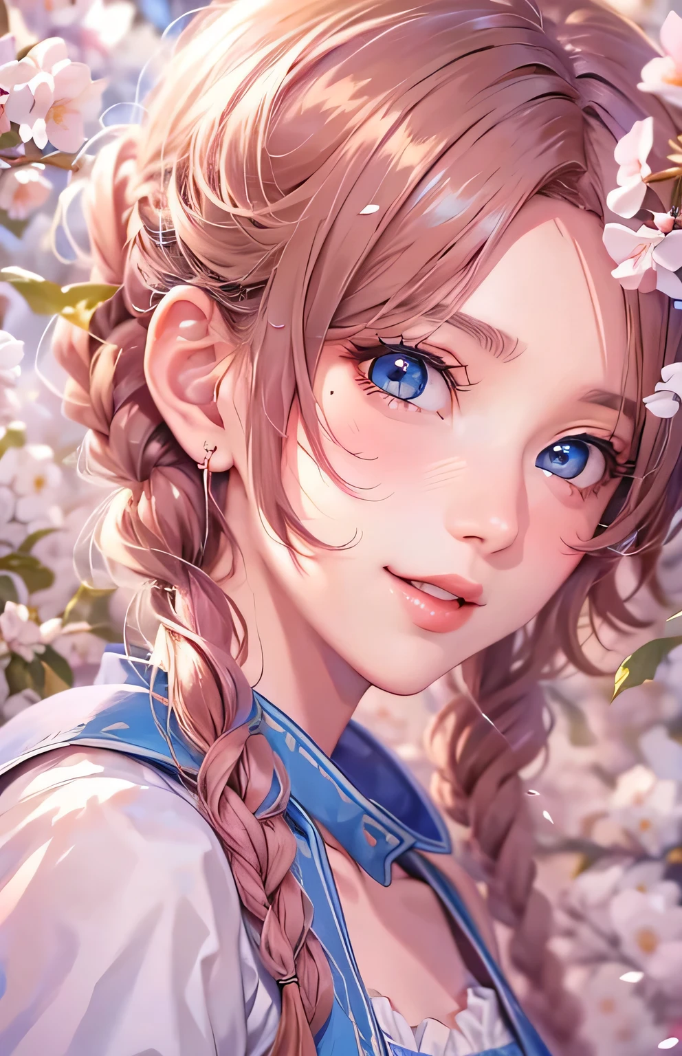 masterpiece、highest quality、High resolution、High-quality images、8k, 1 female、Skin Radiance、Texture of skin and clothing、Expression of fine eyes、shiny light brown hair,Girl with long braided hair, Manga inspired by Lee Jong-suk, Trending on deviantart, realism, detailed manga style, Manga art style, Perfect Line Drawing, Beautiful line art, digital manga art girl, K-POPアイドル, one piece,Large Breasts,Beautiful light blue eyes, Lips become thicker, Gorgeous face with attention to detail, (Cute Smile), charm, Innocent, Side view, (Perfectly detailed face), (Beautiful Hands) Photorealistic images, Written boundary depth, Princess Hairstyles, cherry blossoms ,one piece, Amazing cherry blossoms ,Beautiful cherry blossoms ,Romanticism,
