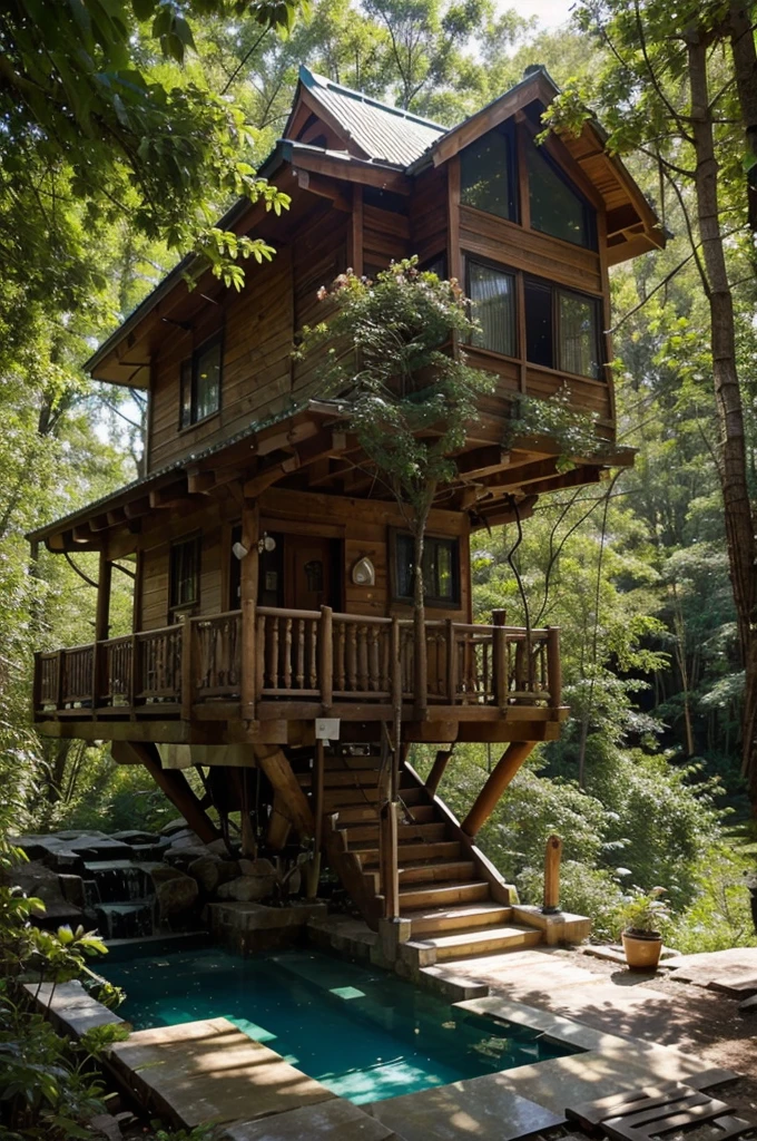 Perfection The Coolest tree house in forest next to the swimming pool and waterfall with amount of flowers