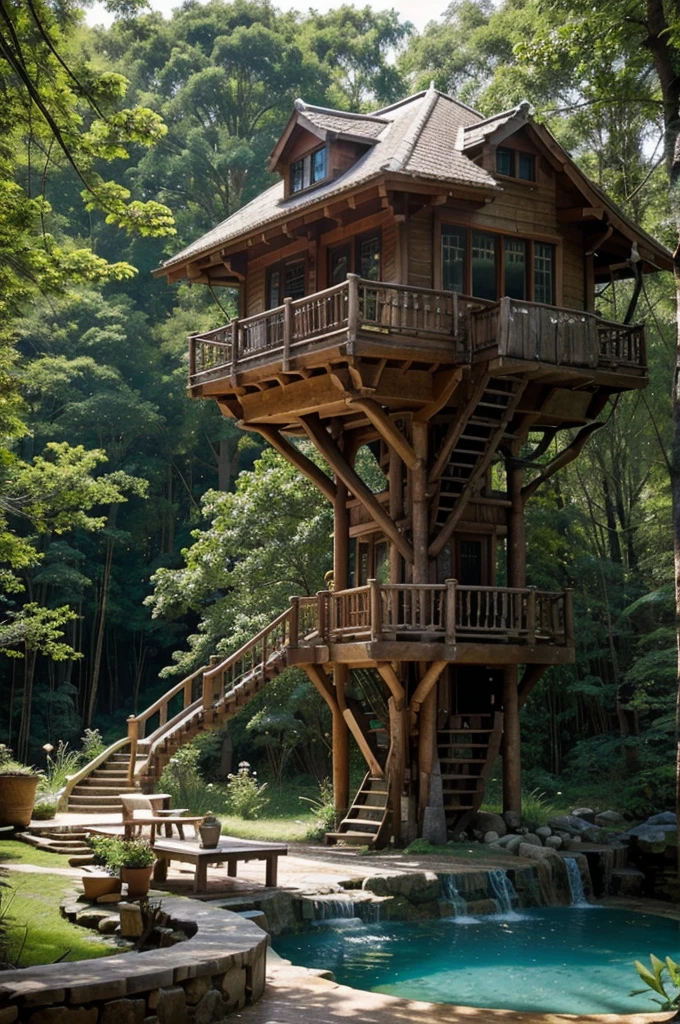 Perfection The Coolest tree house in forest next to the swimming pool and waterfall with amount of flowers