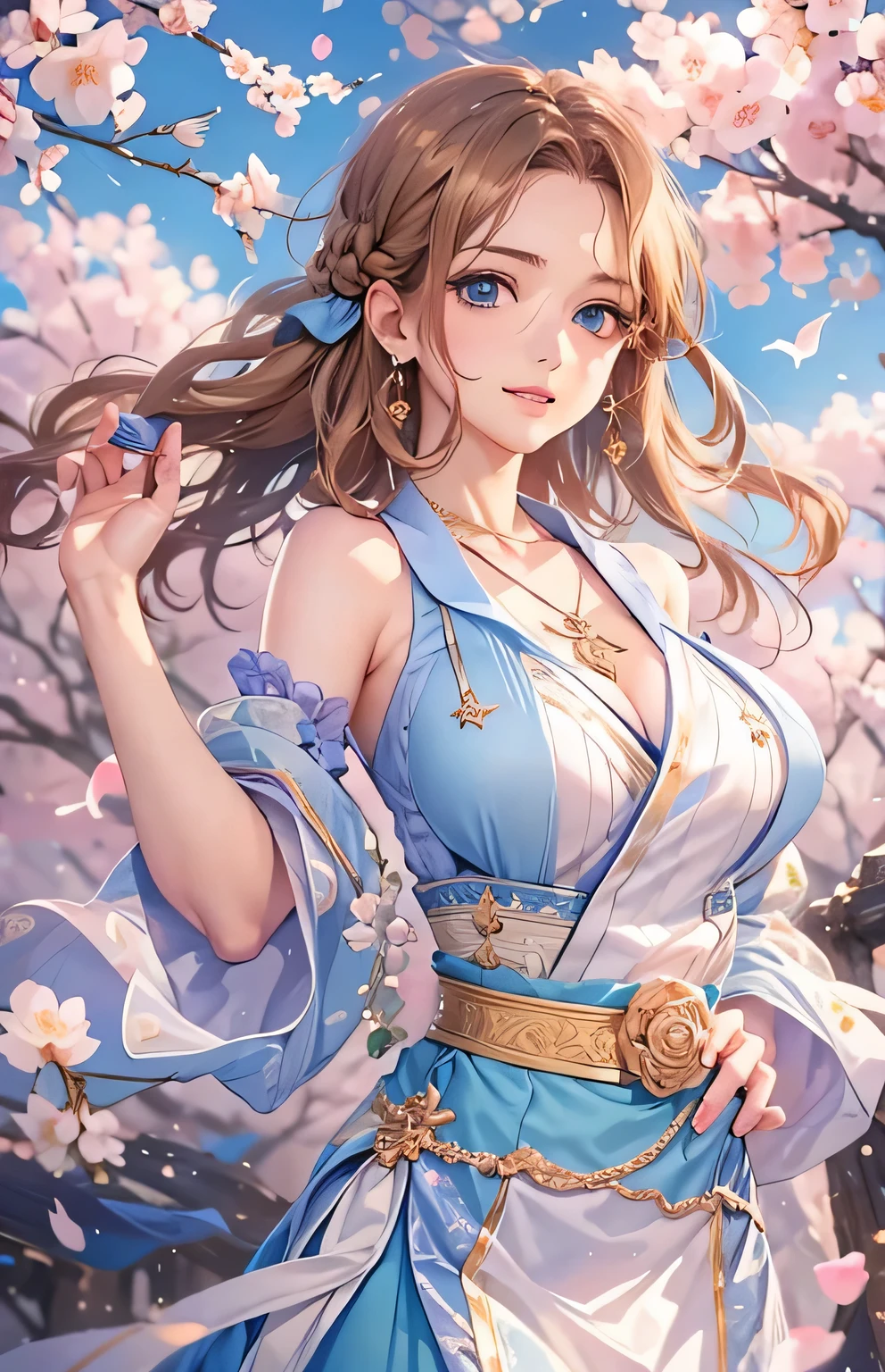masterpiece、highest quality、High resolution、High-quality images、8k, 1 female、Skin Radiance、Texture of skin and clothing、Expression of fine eyes、shiny light brown hair,Girl with long braided hair, Manga inspired by Lee Jong-suk, Trending on deviantart, realism, detailed manga style, Manga art style, Perfect Line Drawing, Beautiful line art, digital manga art girl, K-POPアイドル, one piece,Large Breasts,Beautiful light blue eyes, Lips become thicker, Gorgeous face with attention to detail, (Cute Smile), charm, Innocent, Side view, (Perfectly detailed face), (Beautiful Hands) Photorealistic images, Written boundary depth, Princess Hairstyles, cherry blossoms ,one piece, Amazing cherry blossoms ,Beautiful cherry blossoms ,Romanticism,