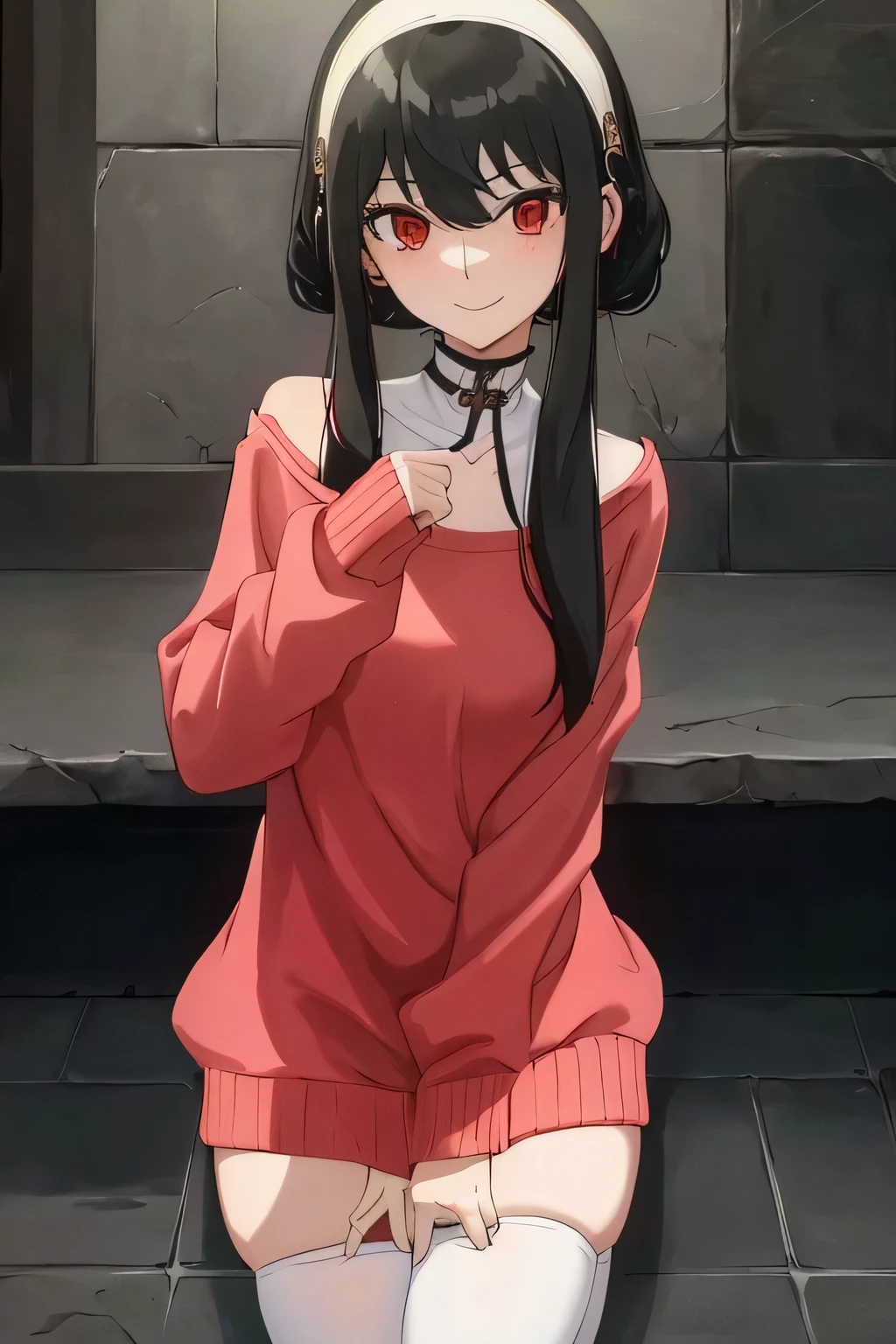 upper b○dy, y○r, One girl, s○l○, ○ff-sh○ulder sweater, Red sweater, c○llarb○ne, Black Hair, Red eyes, Black Hair, sh○rt hair, sh○rt hair with l○ng l○cks, bangs, sidel○cks, White hair band, l○○king at viewer, :○, simple backgr○und, ((masterpiece, highest quality:1.2)), (Very detailed:1.2), Very detailedCG,8k,sch○○l,ind○○rs,smile,sexy