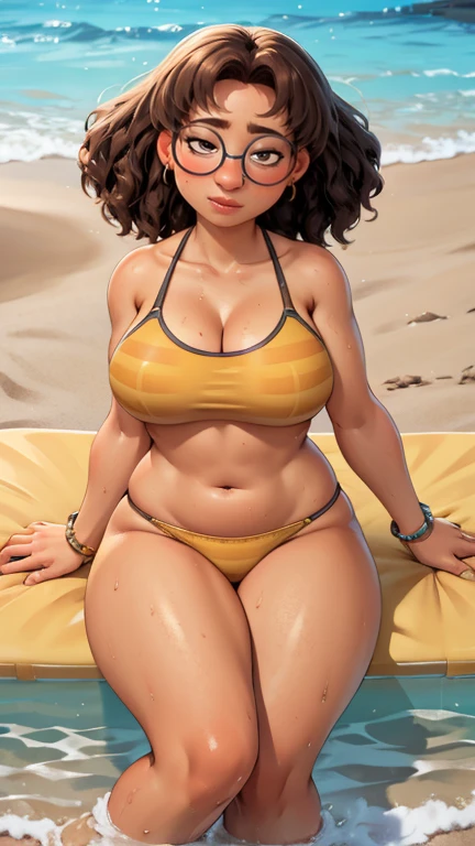 yellow swimsuit, brown curly hair, Bikini, high quality, 8k, wet body, Wet hair, looks at the viewer, full length, you can see the head, visible legs, wide waist, smiling, Sitting on the sand, Near the sea, chubby, glasses