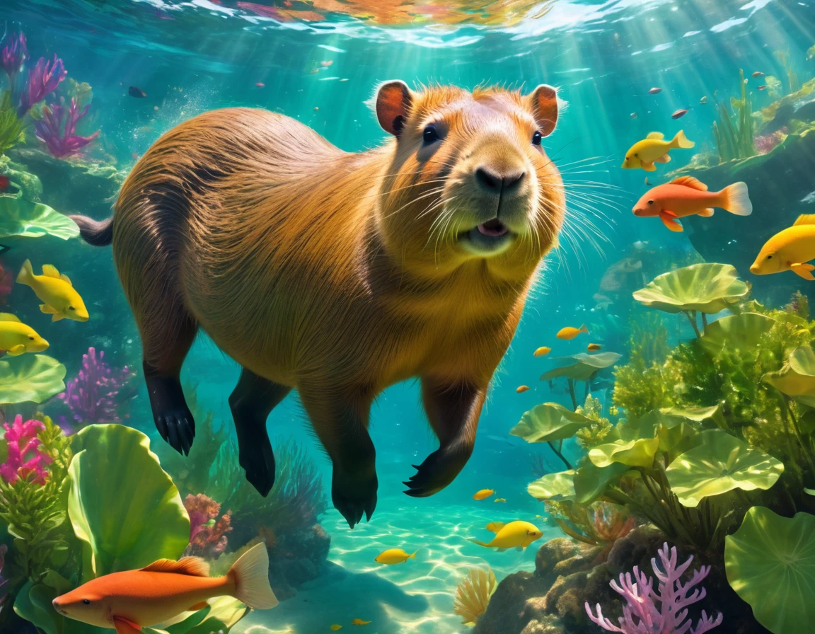 High quality, ultra-detailed, realistic: 1.37, portraits, dynamic light and shadow, aquatic scenes, playful expressions, detailed fur textures, girly swimsuits, lush green underwater plants, bright colors, water splashes, happy atmosphere, capybara curiosity eyes, dreamy underwater world, soft sunlight, stunning composition, colorful ocean currents