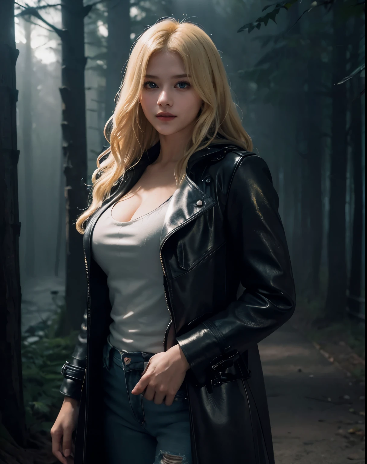 1girl, (Blue Eyes), (smiling), (Sana Minatozaki), wide hips, Big tits, big ass, (thin waist: 1.2), (thick and toned thighs), (Best Quality, 8k, Masterpiece: 1.3), Clear Focus: 1.2, Perfect Body Beauty: 1.4, strong abs, Highly detailed face and skin texture, detailed eyes, double eyelids, (blond long wavy hair :1.2), (black leather long overcoat :1.3), (white tanktop :1.1), (ripped jeans :1.2), standing, dynamic pose, forest, Dense weather, ((dark theme :1.3)), (in the dark), (fog), (shadow hunter), dark background