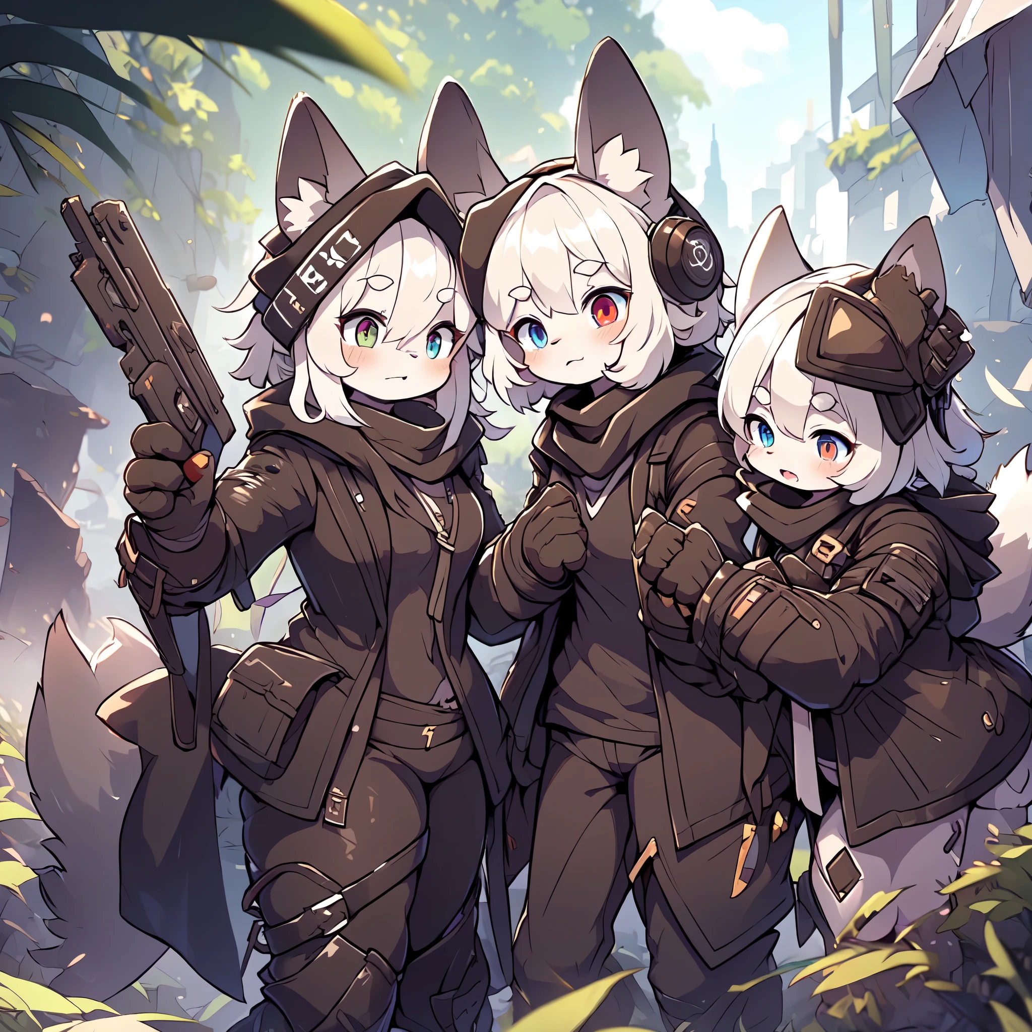 Kawaii, Striped Fluffy Fox, emaciated, long hair, 3girls, artificial synthetic skin, life support prosthetics, digital headphones, black tight latex bodysuit, white long dress, thigh-high-socks, shorts, loose off-the-shoulder hood open jacket, holsters in thigh, Mechanical boots, tactical knee pads, tactical belted loose Arm Sleeves, cybernetic Display gloves, chest rigs, tactical belts, blue archive halo, bulletproof goggles on forehead, from Ark nights,