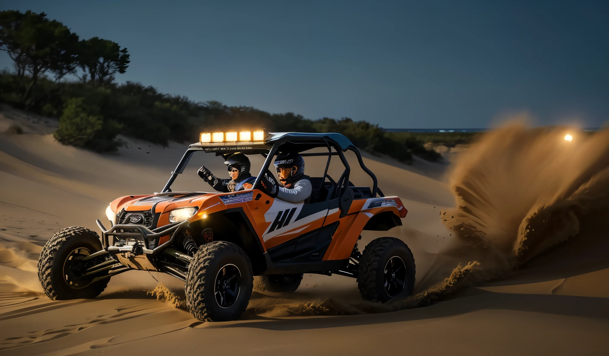 ((best quality)), ((masterpiece)), (detailed), realistic, a close up of a person driving a black utv in the beach with water in background at night, buggy, dune, mixed art, racing dune buggy with light bar on roof lit up, photos, sand, dynamic angled shot, high speed action, off - road, intense look, video, vehicle, dynamic action shot, off-roading, action shot,