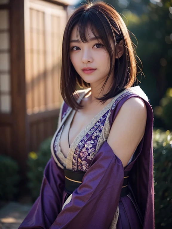crossed leg、A big smile、8K Portrait、Black Bob、Kunoichi、Samurai Girl、Hanfu、Beautiful Japanese Women、White skin、double eyelid、Wearing a black and purple ninja costume、Plump cleavage、whole body、1 girl、arms、sword、一人でarmsを握る、Blood、swordのグリップ、Arm guard、Looking at the audience、Ninja silhouette、Action-packed、dynamism、Ambient Lighting、Photo Authenticism、Intricate facial details、Intricate handcrafted detailing、Very detailed、Bright colors