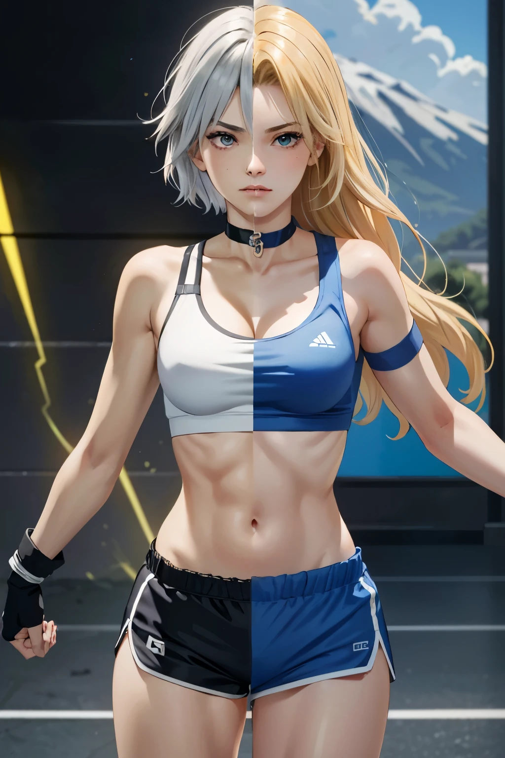 ((ultra detailed, masterpiece, absurdres)) , {{{SplitScreen, split screen, DOAHelena, 1girl, long hair, blonde hair, in training wears, choker, blue choker, Sport shirt, White shirt, Blue trim, the shirt is tied, watch on the wrist, Sport shorts, Blue Shorts angry, clenched teeth, teeth}}}