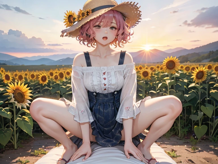 (One transcendent beautiful girl)、ultra-detailed、(8k, RAW photo, best quality, masterpiece:1.2), (extremely detailed 8k wallpaper),professional lighting,sharp focus, depth of field、(((close up face)))、Beautiful legs、Sandals、nfws,((Pink fluffy short bob、rainbow colored curl hair、Curly hair))、Flower Hair Ornaments、shoulder、clavicle、Sunflower field(Sunflowers are facing the same direction),Straw hat、Flare One Piece、Off the shoulder、The wind is blowing、Straddle a man、Spread your legs、close your eyes and yawn