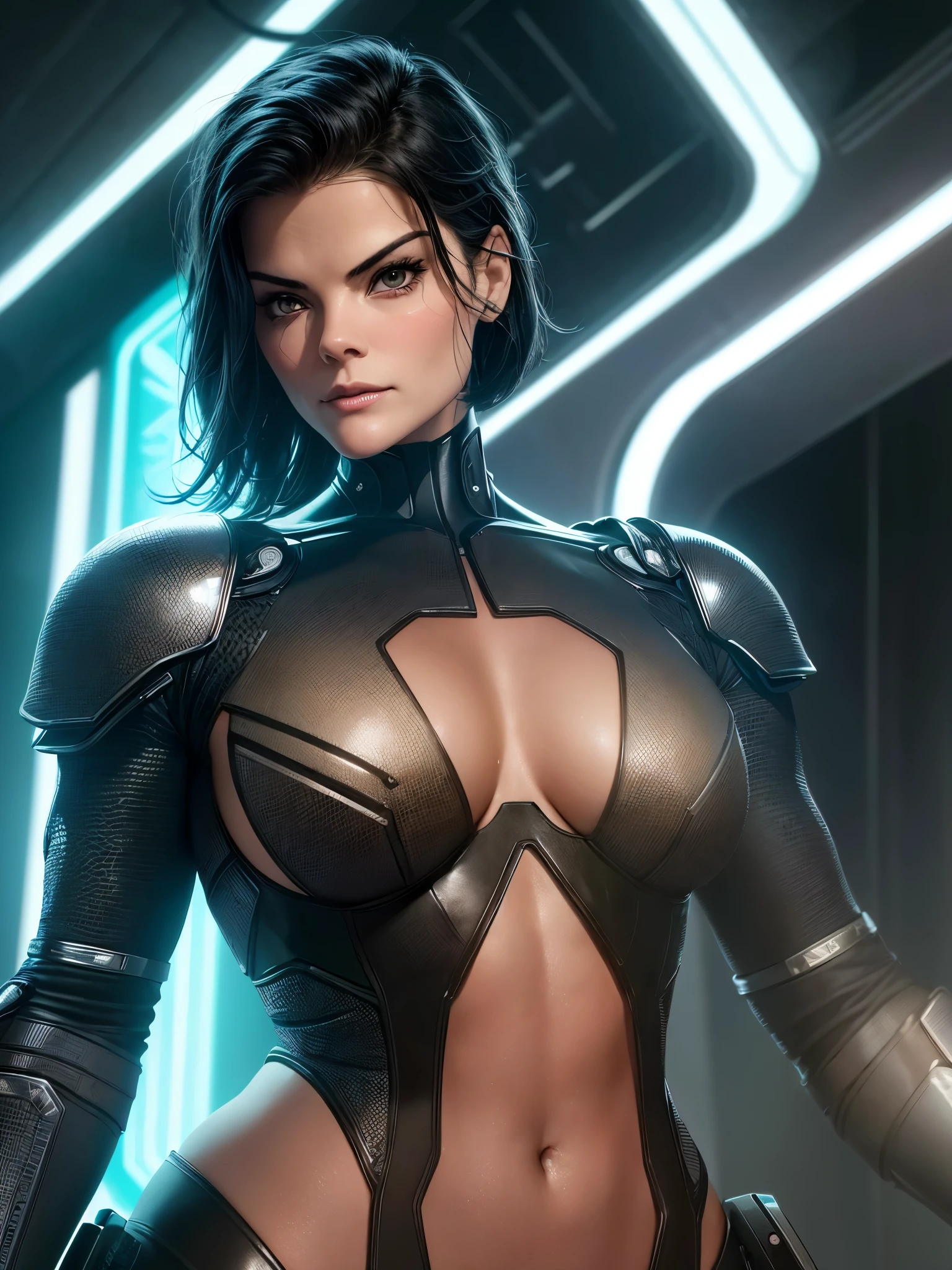 (extremamente detalhado, obra prima, melhor qualidade, 8 K), intense illumination, Jaimie Alexander, 25 anos, Corpo perfeito, fitness, cabelos longos, Lingerie Branca, nova dentro de uma armadura cyberpunk, segurando uma arma futuristica gigantesca, neon lights, Cabos, Ambiente industrial. Armamento pesado. Cables attached to the arms