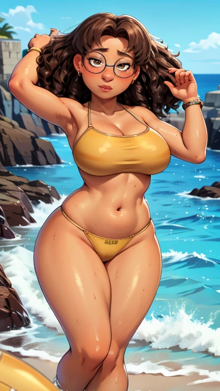 yellow swimsuit, brown curly hair, Bikini, high quality, 8k, wet body, Wet hair, looks at the viewer, full length, you can see the head, visible legs, wide waist, smiling, Near the sea, chubby, glasses, back view