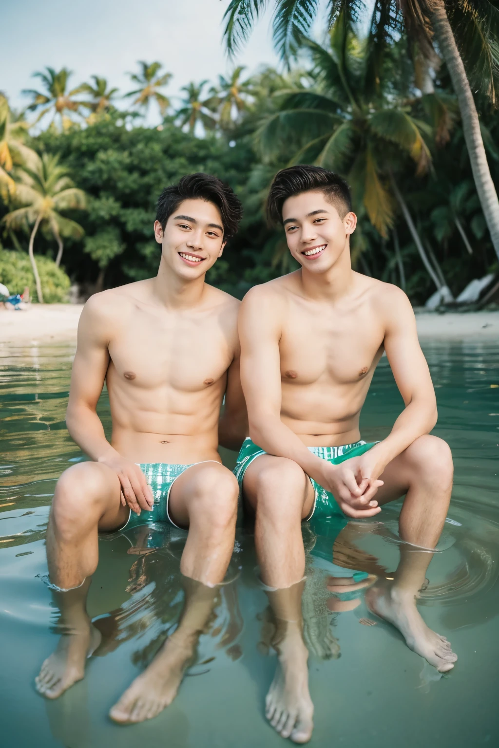 Highest quality portrait of two young guys on the beach knee-deep in water. Two young attractive boys swimming in the sea, completely naked with beautiful strings, beautiful green beach with palm trees and flowers, beautiful , smiling , Friends . Photo portrait of the highest quality !