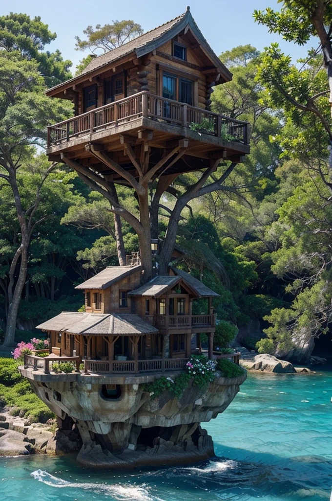 Perfection The Coolest tree house on a large rock in the middle of the sea with flowers in front of the house and trees on both sides of the house