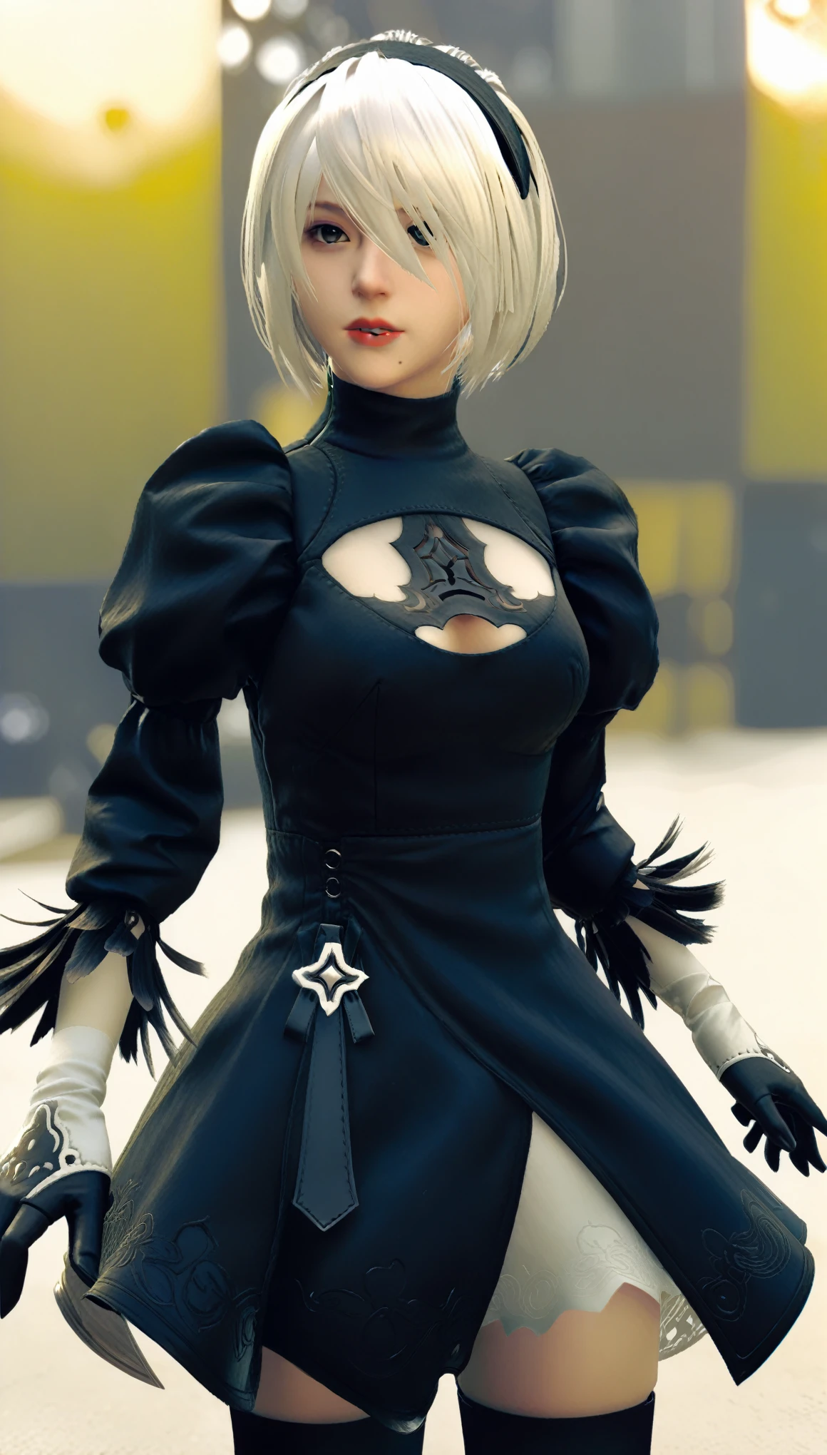 Nier's 2B: Automata, With the highest quality and high resolution (8k), Create a masterpiece, Real Photos, Real CG, Selfie, Full body portrait, Selfies in British cities