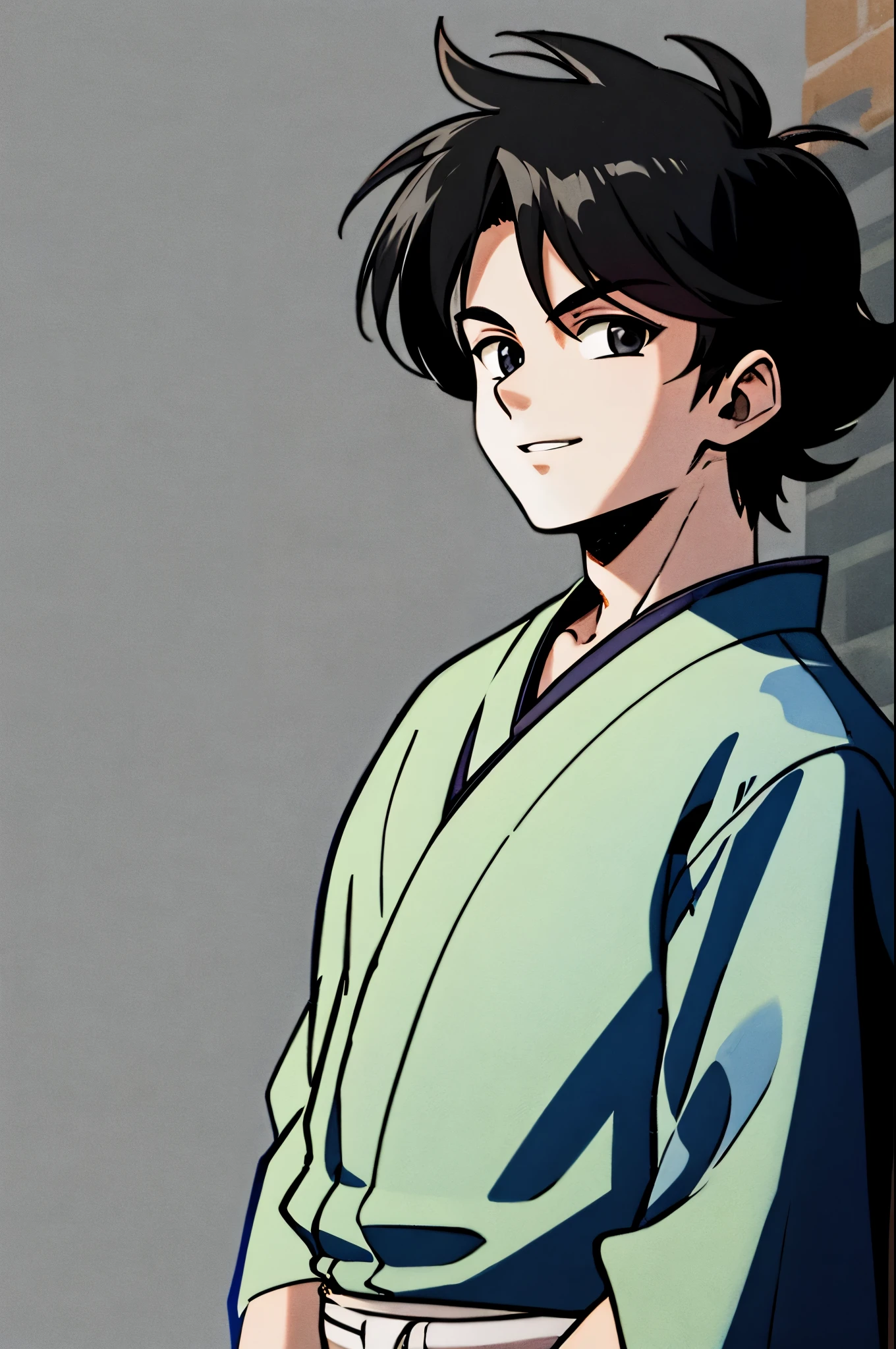 masterpiece, best quality, cel shaded, bright colors, 1boy, solo, male focus, young boy, black hair, messy hair, black eyes, narrow eyes, youthful smile, pale skin, muscular frame, short blue kimono, looking at viewer, staring straight ahead, upper body shot, simple background