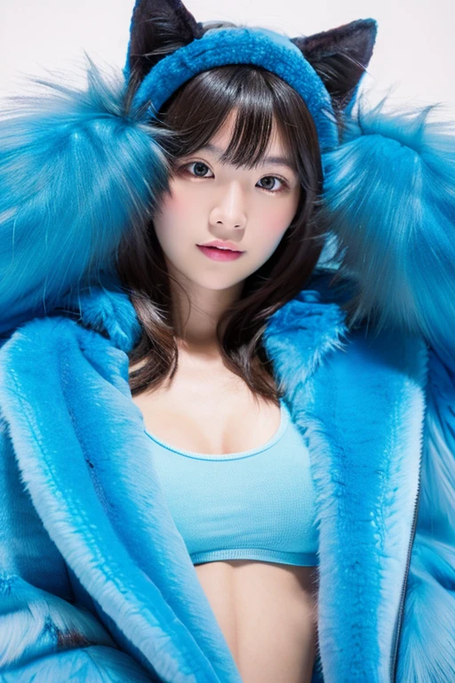 One girl, Blue fur, wolf girl, Medium chest, , Portraiture, Simple Background, (Furry:1.5)