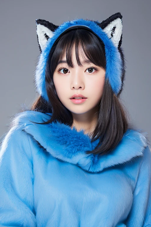 One girl, Blue fur, wolf girl, Medium chest, , Portraiture, Simple Background, (Furry:1.5)