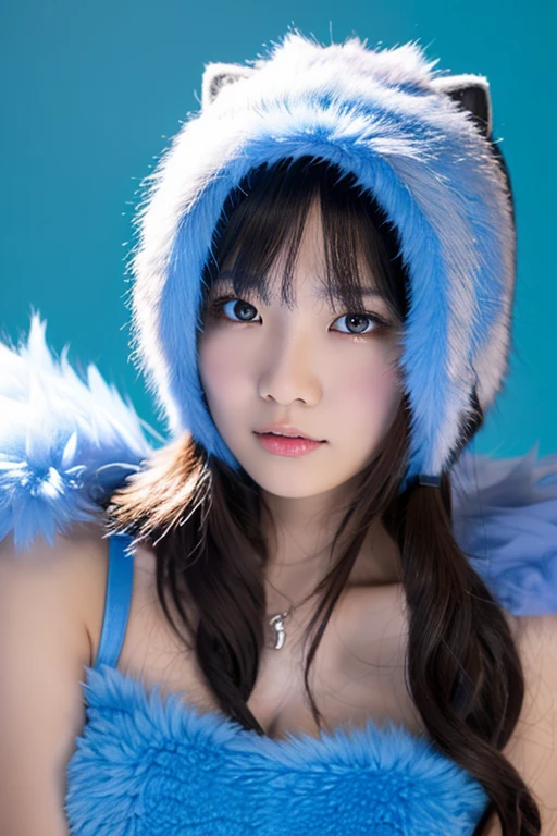 One girl, Blue fur, wolf girl, Medium chest, , Portraiture, Simple Background, (Furry:1.5)