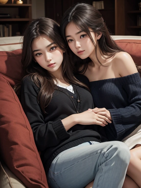 2 intimated young ladies, cuddling on sofa
