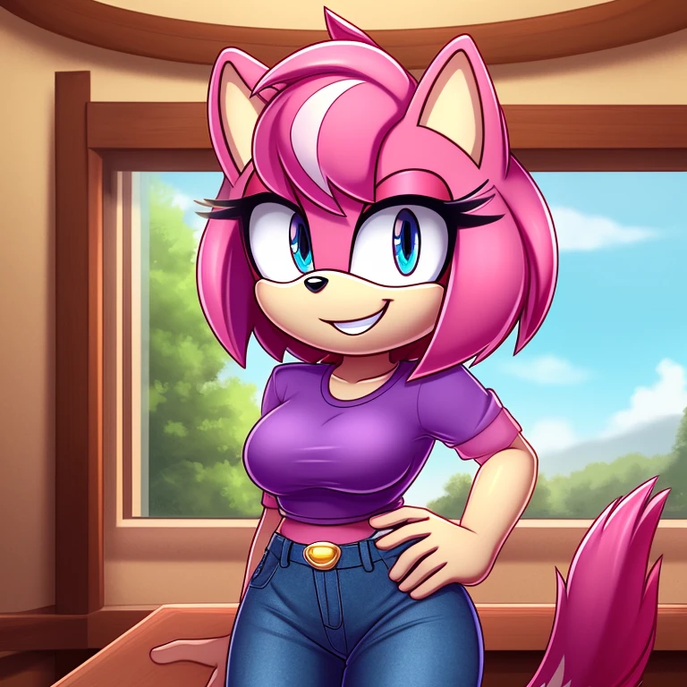 mom tenrec mobian, female mobian, purple shirt, highwasted jeans, mom jeans, royal pink hair, bob cut hair, royal pink fur, (mom body), medium breasts, royal blue eyes, mom, cute smile, outline, Intricate Details, Masterpiece, Best Quality, High Quality, Studio Quality, Best Detail, Perfect Detail, Refine Detail.