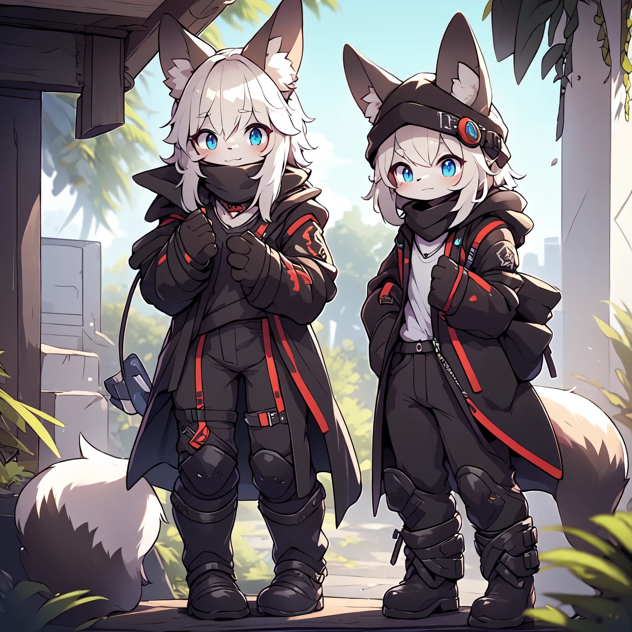 Kawaii, Striped Fluffy Fox, emaciated, long hair, 3girls, artificial synthetic skin, life support prosthetics, digital headphones, black tight latex bodysuit, white long dress, thigh-high-socks, shorts, loose off-the-shoulder hood open jacket, holsters in thigh, Mechanical boots, tactical knee pads, tactical belted loose Arm Sleeves, cybernetic Display gloves, chest rigs, tactical belts, blue archive halo, bulletproof goggles on forehead, from Ark nights,