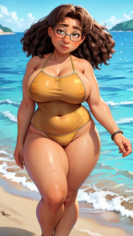 yellow swimsuit, brown curly hair, Bikini, high quality, 8k, wet body, Wet hair, looks at the viewer, full length, you can see the head, visible legs, wide waist, smiling, Near the sea, chubby, glasses, вид behind, behind