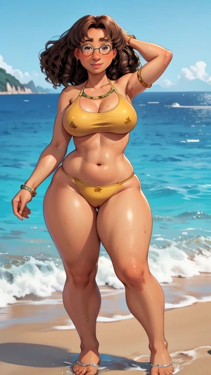 yellow swimsuit, brown curly hair, Bikini, high quality, 8k, wet body, Wet hair, looks at the viewer, full length, you can see the head, visible legs, wide waist, smiling, Near the sea, chubby, glasses, вид behind, behind