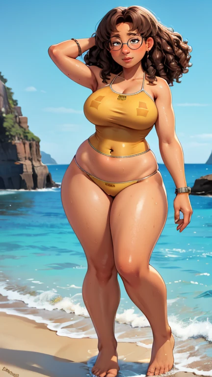 yellow swimsuit, brown curly hair, Bikini, high quality, 8k, wet body, Wet hair, looks at the viewer, full length, you can see the head, visible legs, wide waist, smiling, Near the sea, chubby, glasses, вид behind, behind